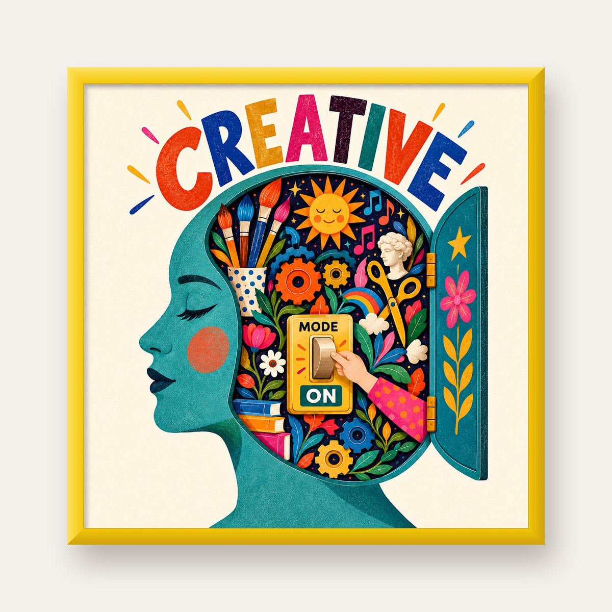 Creative: Yaratıcılık ve Hayal Gücü Temalı Sanat Poster — sarı çerçeveli