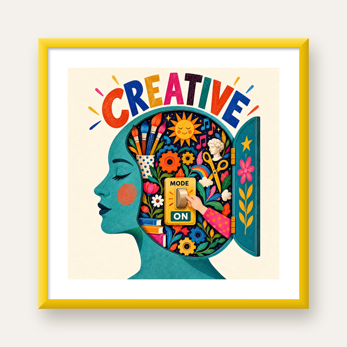 Creative: Yaratıcılık ve Hayal Gücü Temalı Sanat Poster — sarı çerçeveli paspartulu