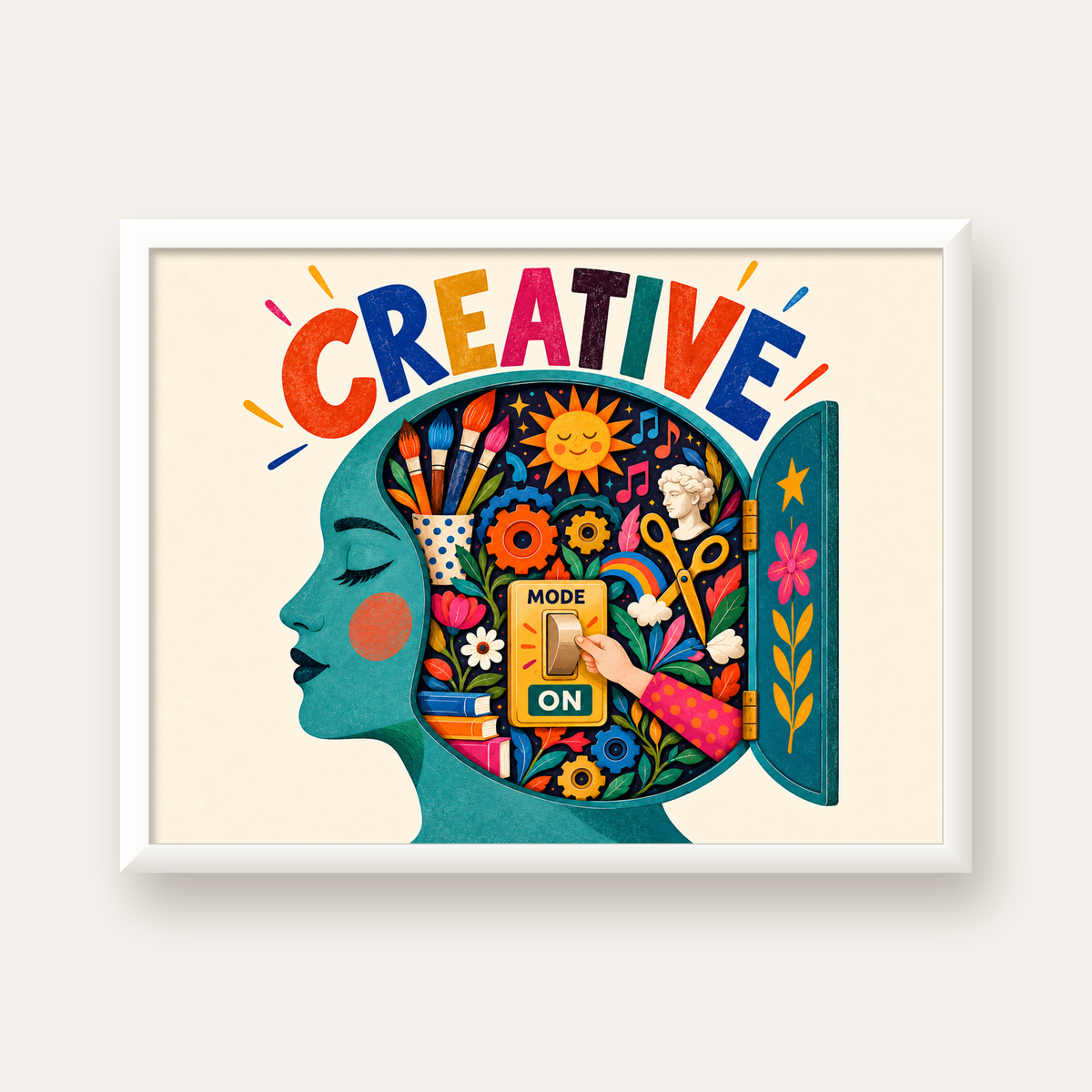 Creative: Yaratıcılık ve Hayal Gücü Temalı Sanat Poster — beyaz çerçeveli yatay poster