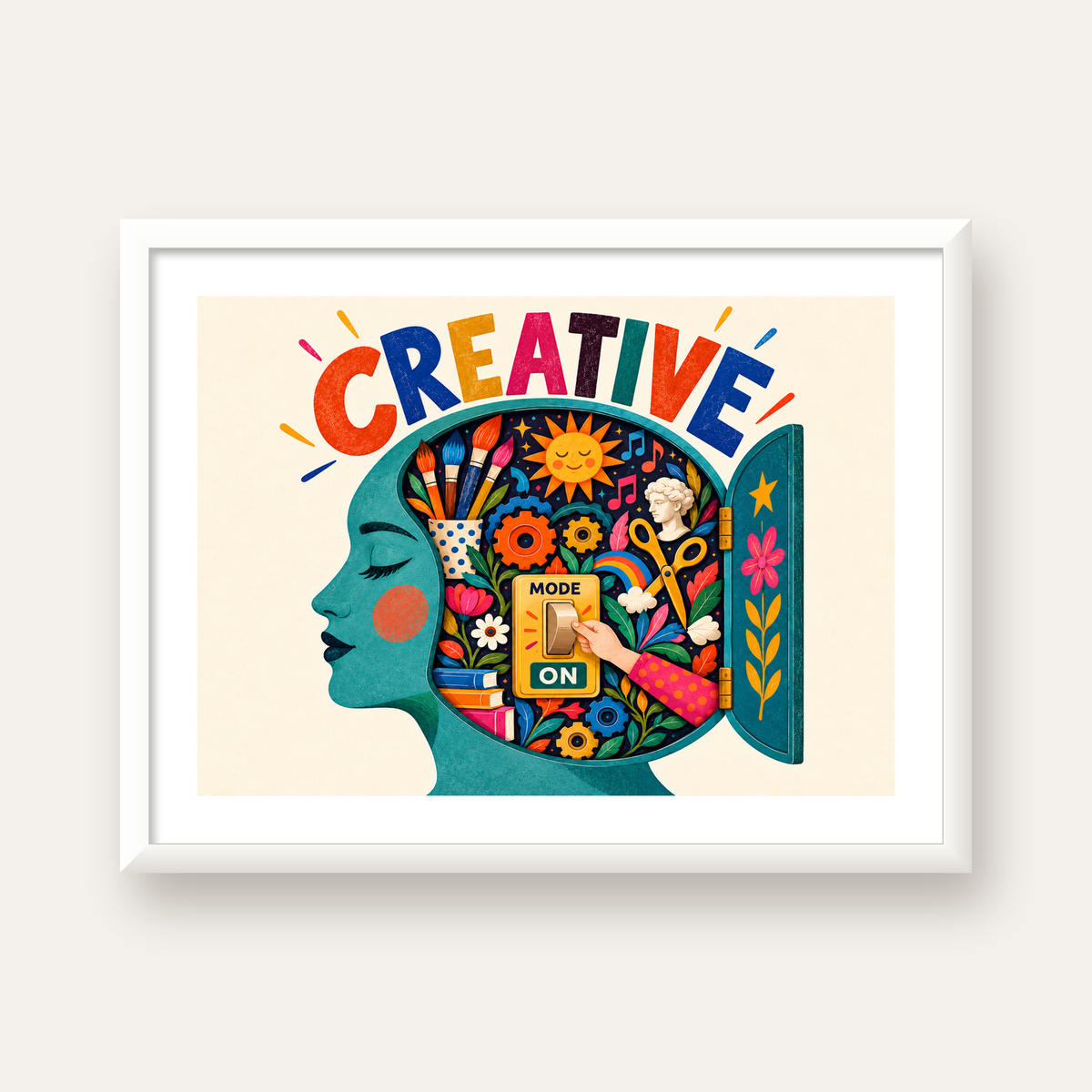 Creative: Yaratıcılık ve Hayal Gücü Temalı Sanat Poster — beyaz çerçeveli yatay poster