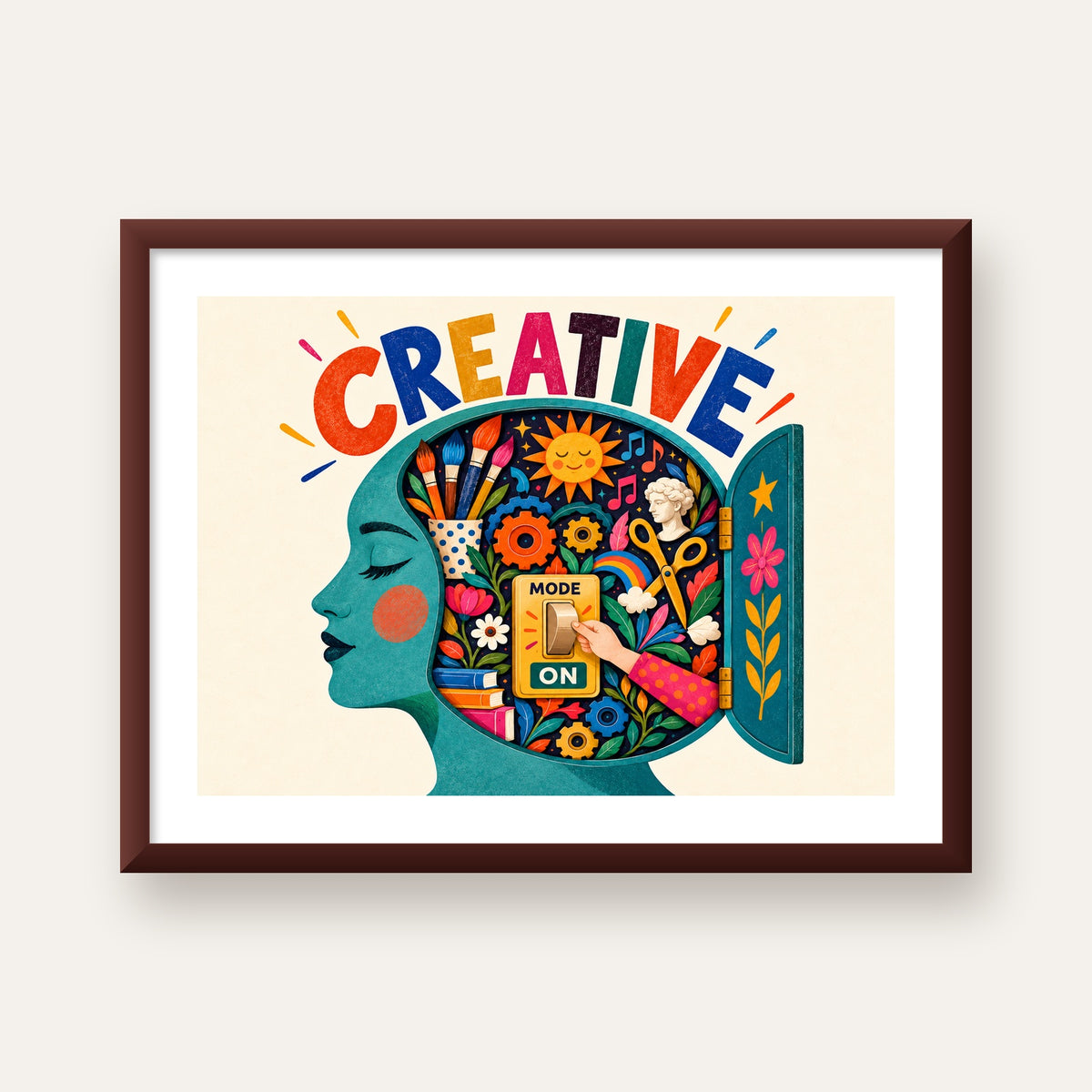 Creative: Yaratıcılık ve Hayal Gücü Temalı Sanat Poster — ceviz çerçeveli paspartulu