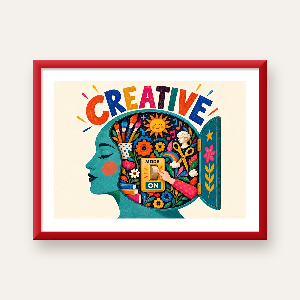 Creative: Yaratıcılık ve Hayal Gücü Temalı Sanat Poster — kırmızı çerçeveli paspartulu