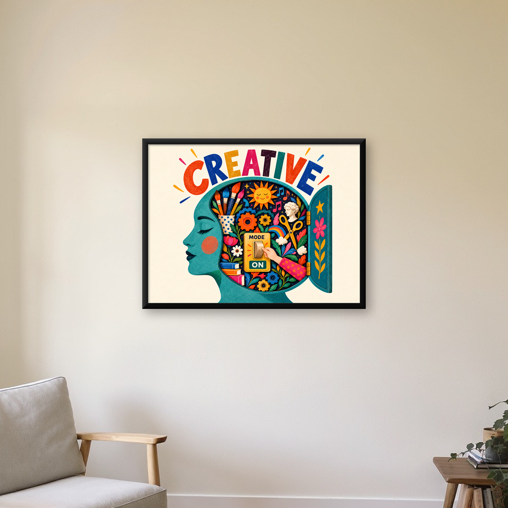 Creative: Yaratıcılık ve Hayal Gücü Temalı Sanat Poster — Yatay baskı, çerçeveli hâliyle bir ev duvarında