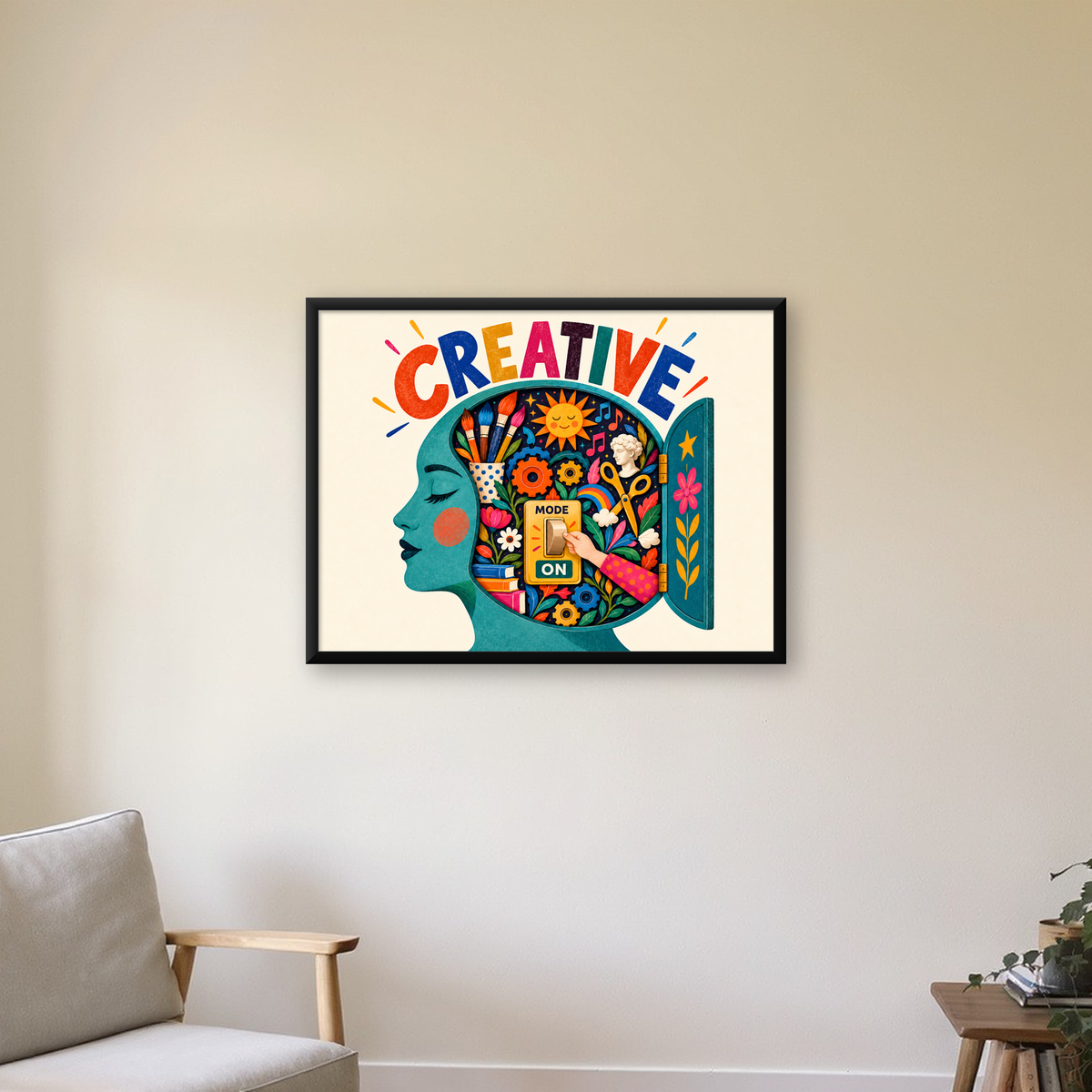 Creative: Yaratıcılık ve Hayal Gücü Temalı Sanat Poster — Yatay baskı, çerçeveli hâliyle bir ev duvarında