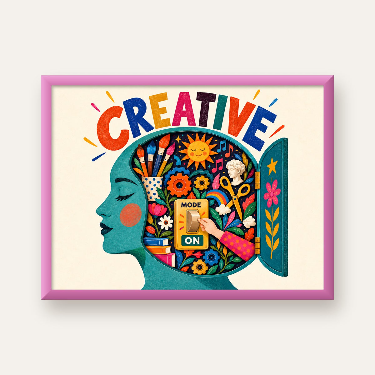 Creative: Yaratıcılık ve Hayal Gücü Temalı Sanat Poster — pembe çerçeveli