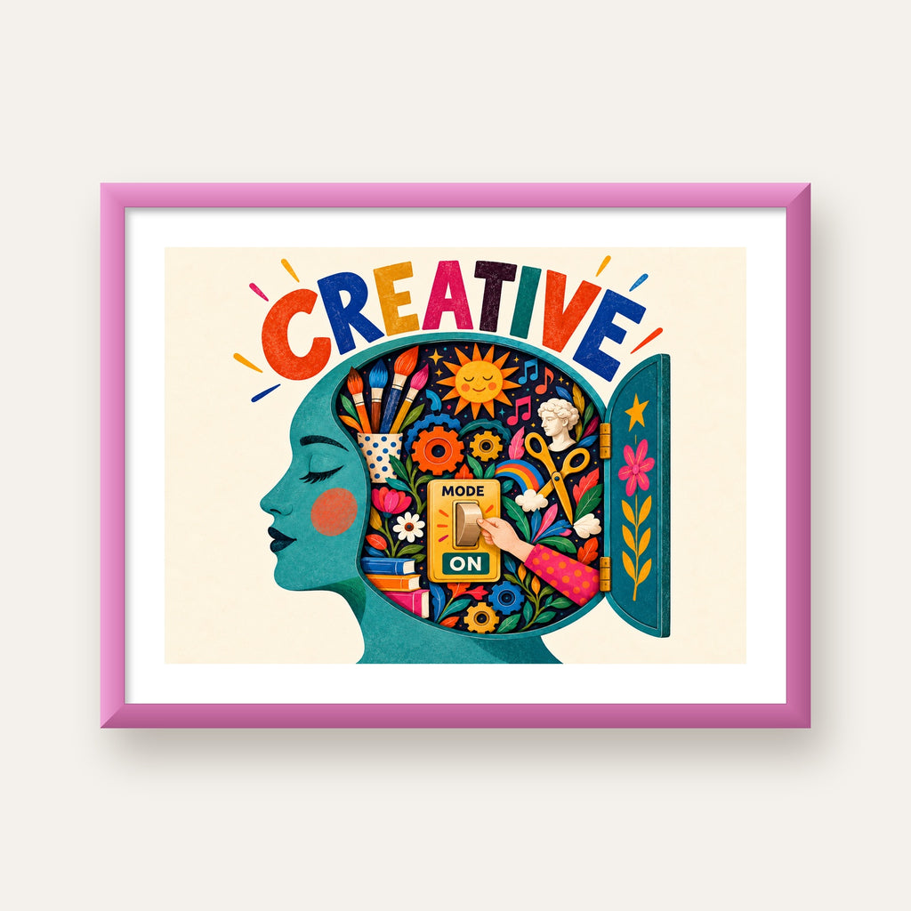 Creative: Yaratıcılık ve Hayal Gücü Temalı Sanat Poster — pembe çerçeveli paspartulu