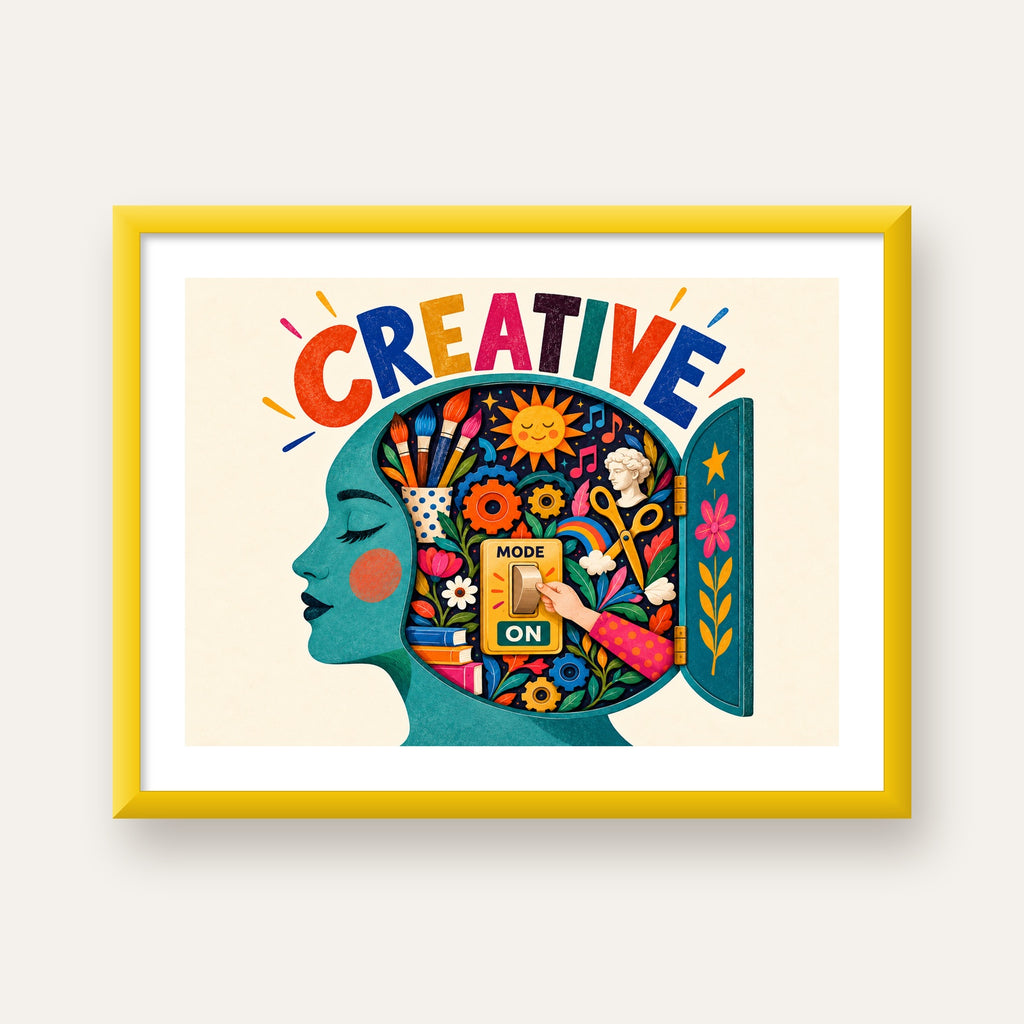 Creative: Yaratıcılık ve Hayal Gücü Temalı Sanat Poster — sarı çerçeveli paspartulu