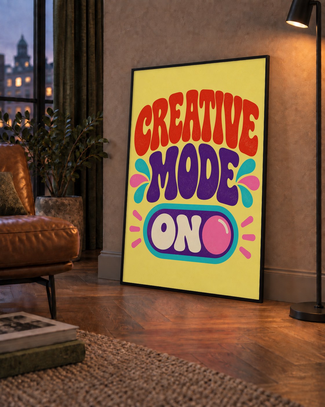 Creative Mode ON Renkli Tipografik Motivasyon Posteri — çerçeveli hâliyle bir ev duvarında