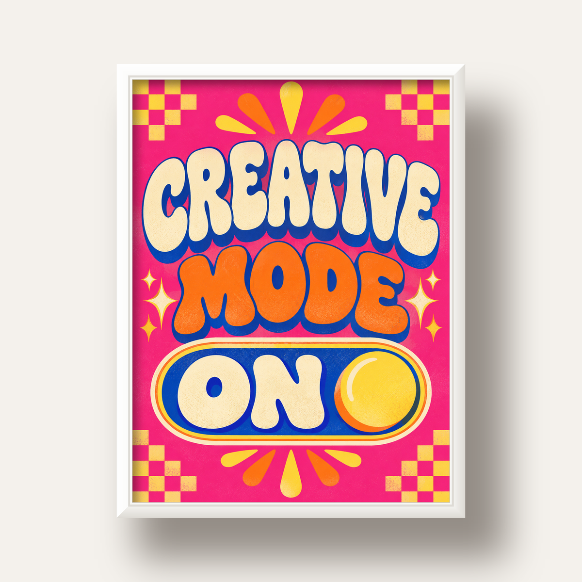 Renkli Tipografik 'CREATIVE MODE ON' Motivasyon Posteri — beyaz derin çerçeveli