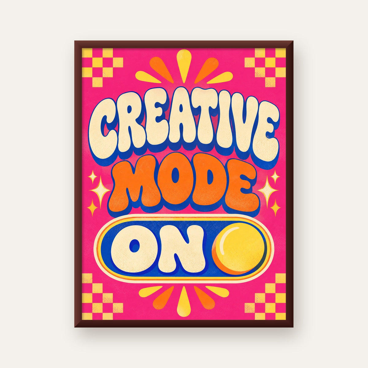 Renkli Tipografik 'CREATIVE MODE ON' Motivasyon Posteri — ceviz çerçeveli