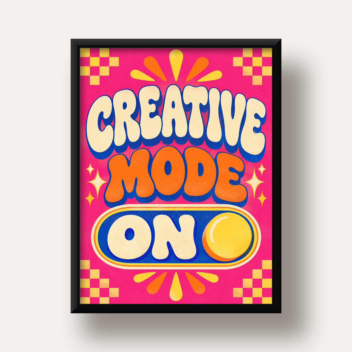 Renkli Tipografik 'CREATIVE MODE ON' Motivasyon Posteri — siyah derin çerçeveli