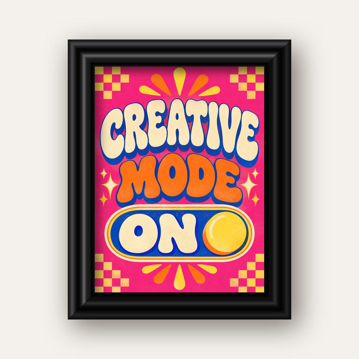 Renkli Tipografik 'CREATIVE MODE ON' Motivasyon Posteri — siyah galeri çerçeveli