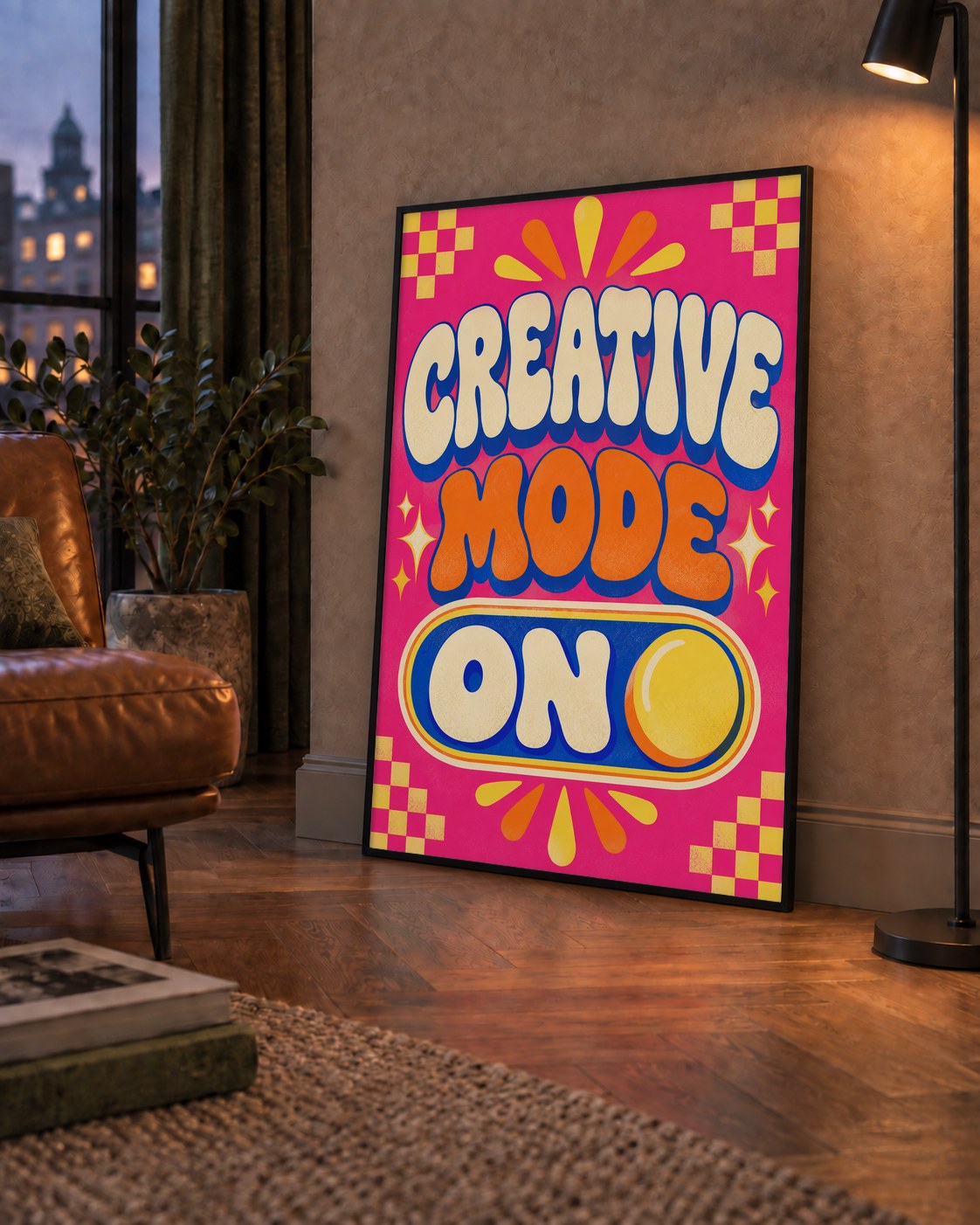 Renkli Tipografik 'CREATIVE MODE ON' Motivasyon Posteri — çerçeveli hâliyle bir ev duvarında