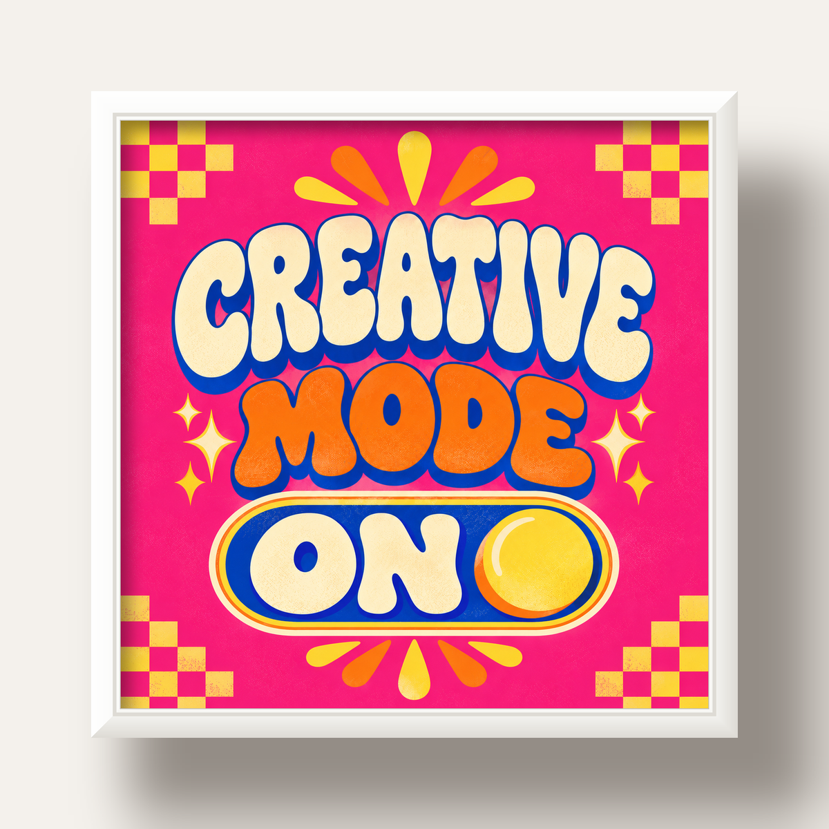 Renkli Tipografik 'CREATIVE MODE ON' Motivasyon Posteri — beyaz derin çerçeveli