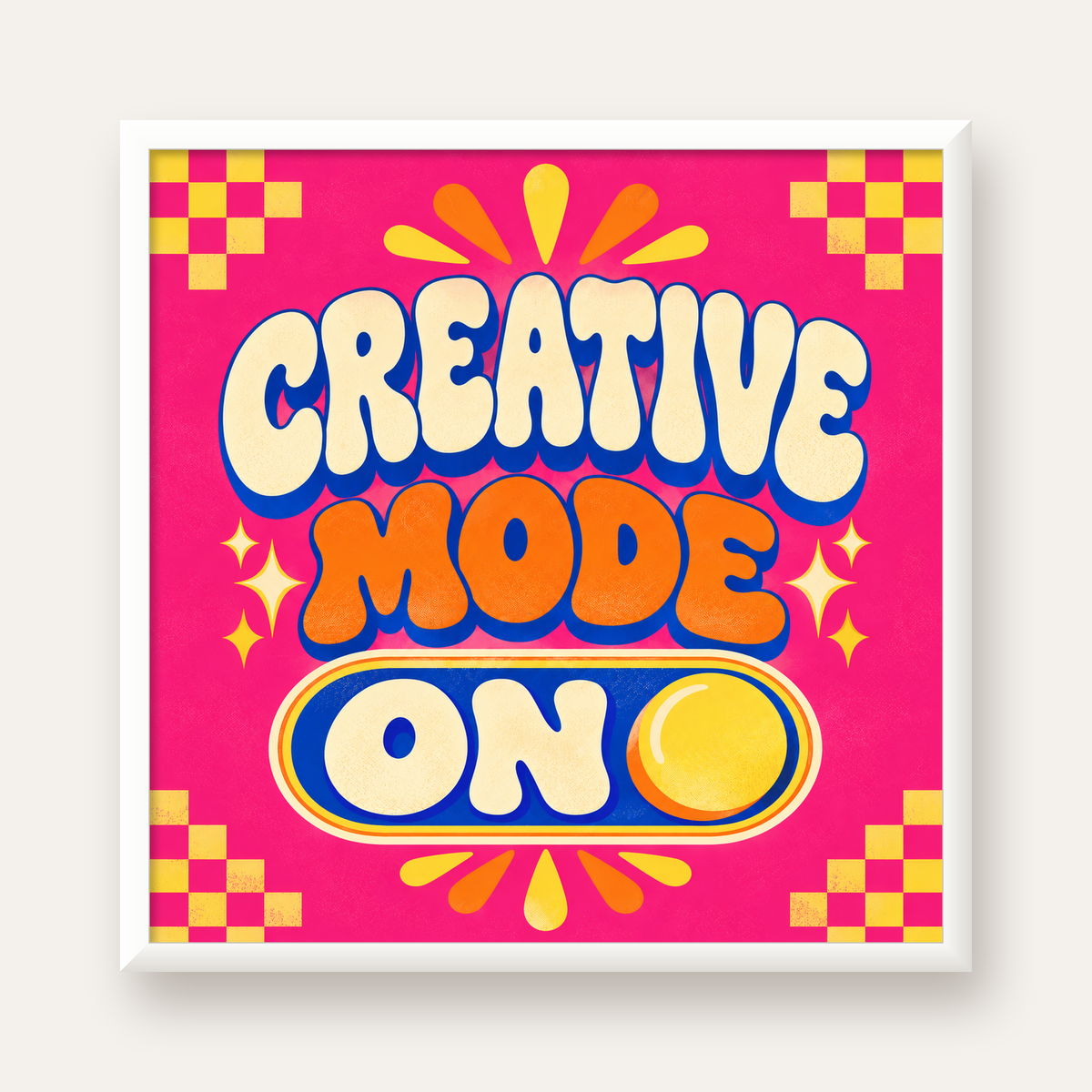 Renkli Tipografik 'CREATIVE MODE ON' Motivasyon Posteri — beyaz çerçeveli kare poster