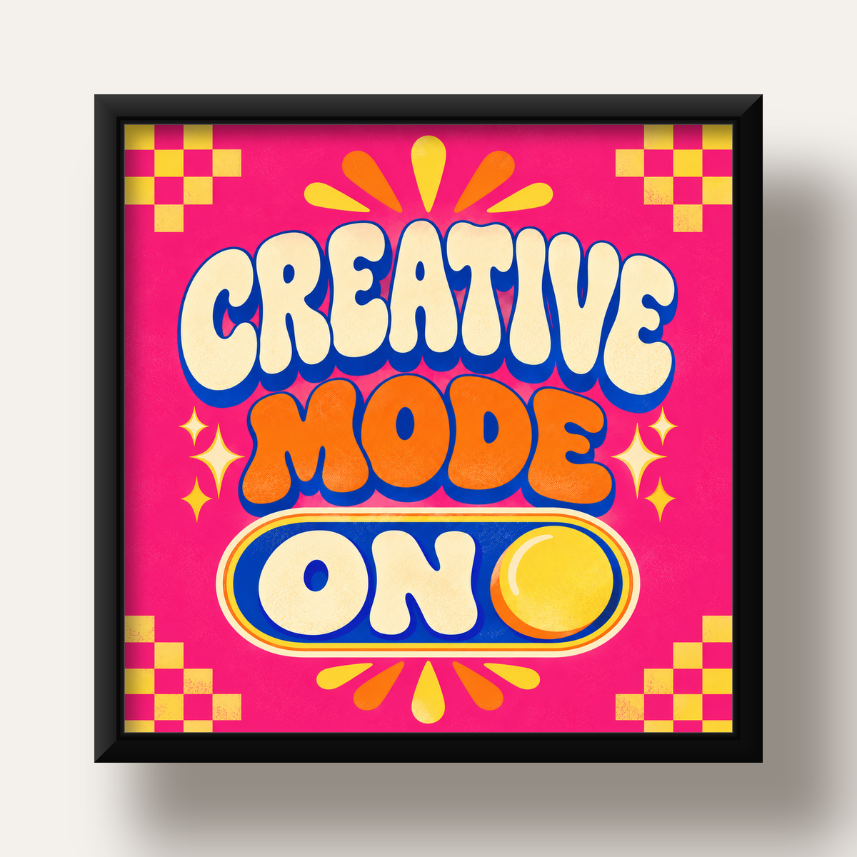 Renkli Tipografik 'CREATIVE MODE ON' Motivasyon Posteri — siyah derin çerçeveli