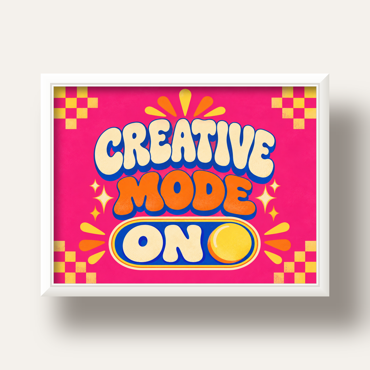 Renkli Tipografik 'CREATIVE MODE ON' Motivasyon Posteri — beyaz derin çerçeveli