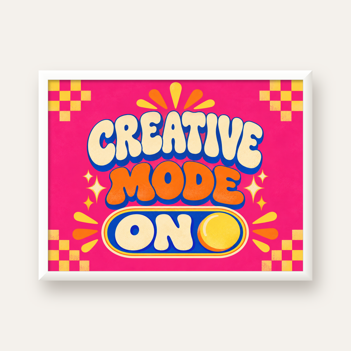 Renkli Tipografik 'CREATIVE MODE ON' Motivasyon Posteri — beyaz çerçeveli yatay poster