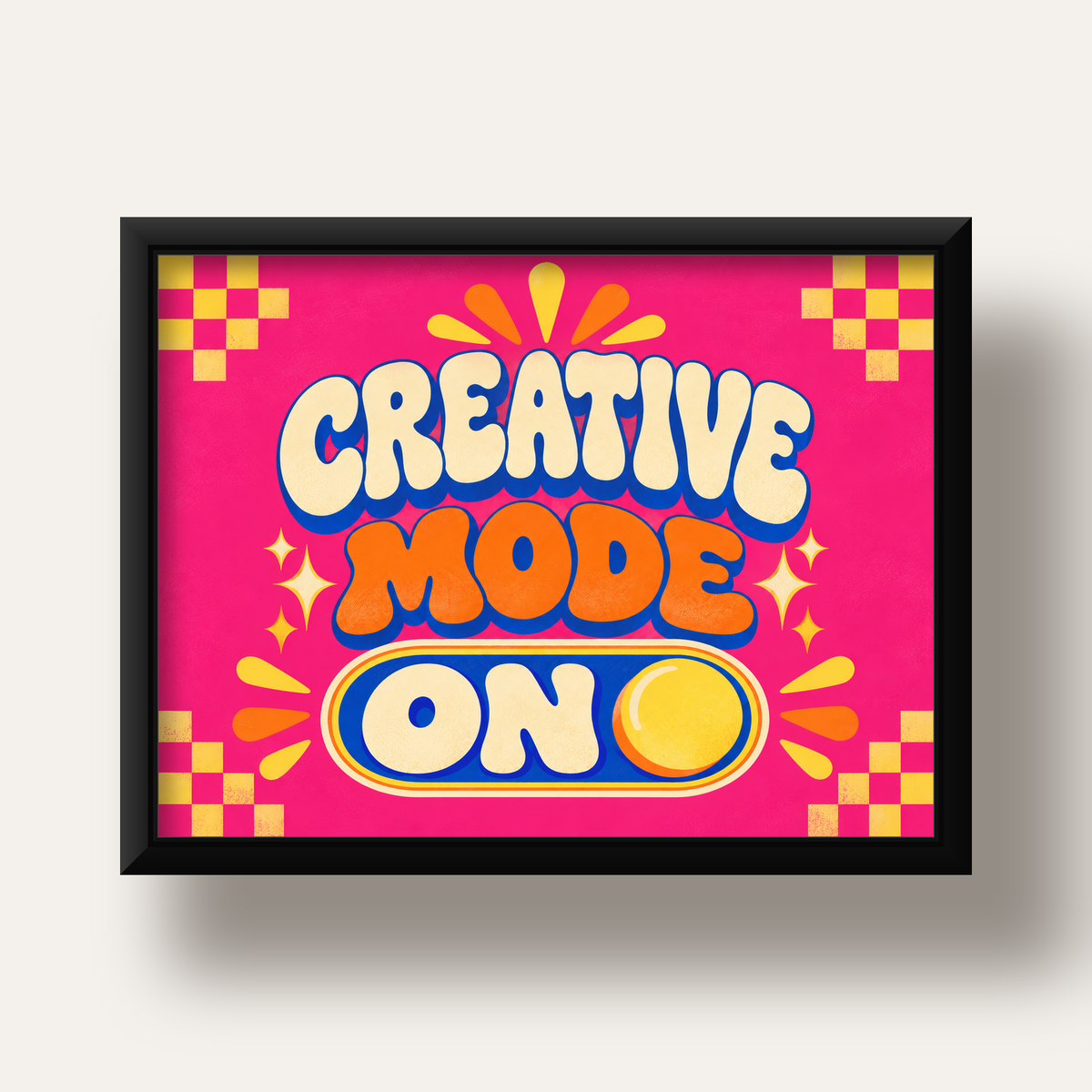 Renkli Tipografik 'CREATIVE MODE ON' Motivasyon Posteri — siyah derin çerçeveli