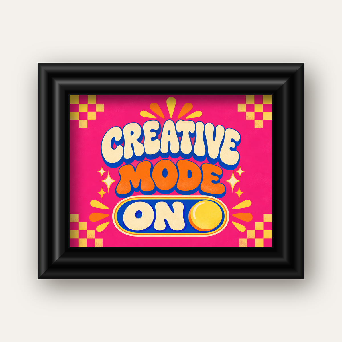 Renkli Tipografik 'CREATIVE MODE ON' Motivasyon Posteri — siyah galeri çerçeveli