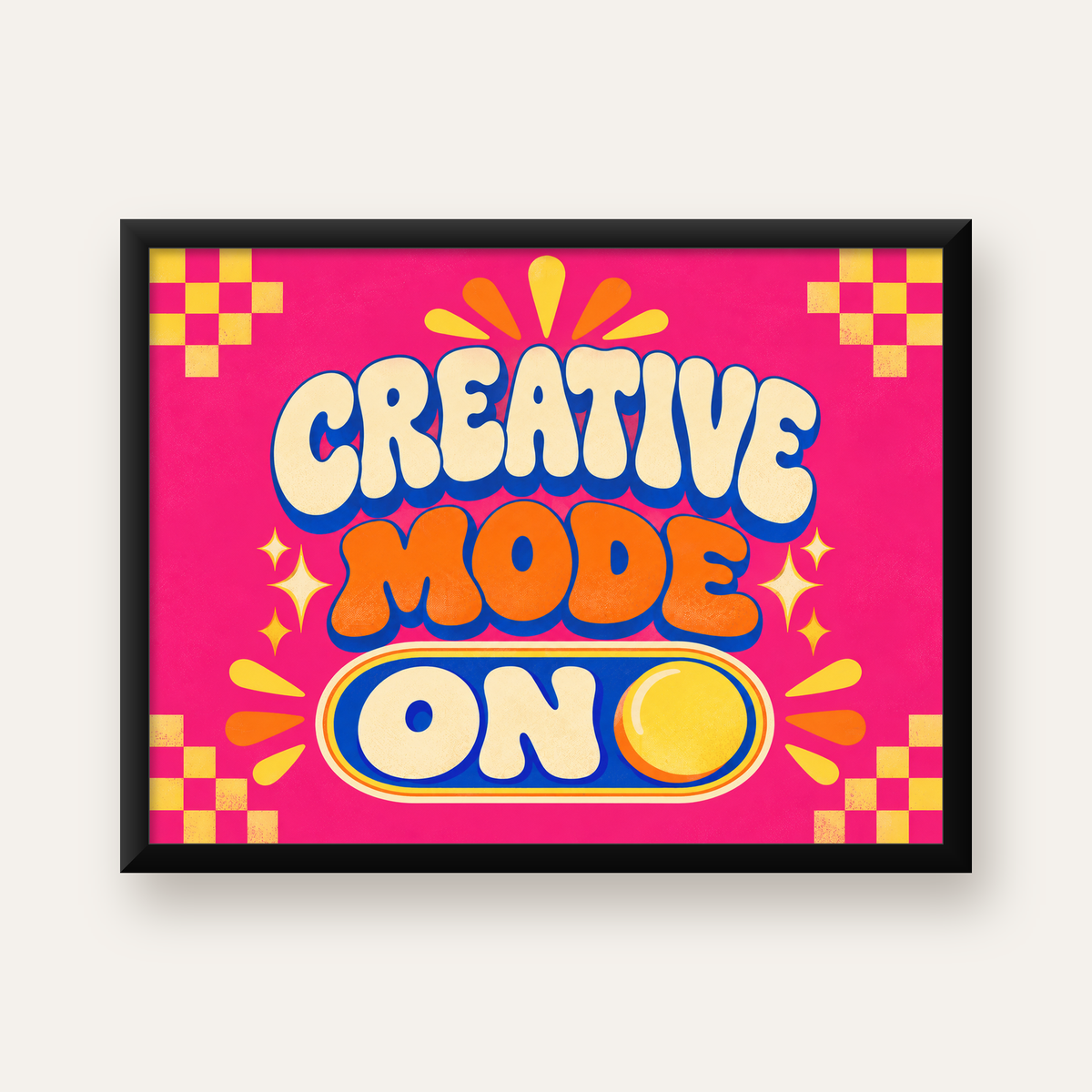 Renkli Tipografik 'CREATIVE MODE ON' Motivasyon Posteri — Yatay baskı, düz siyah çerçeveli duvar posteri