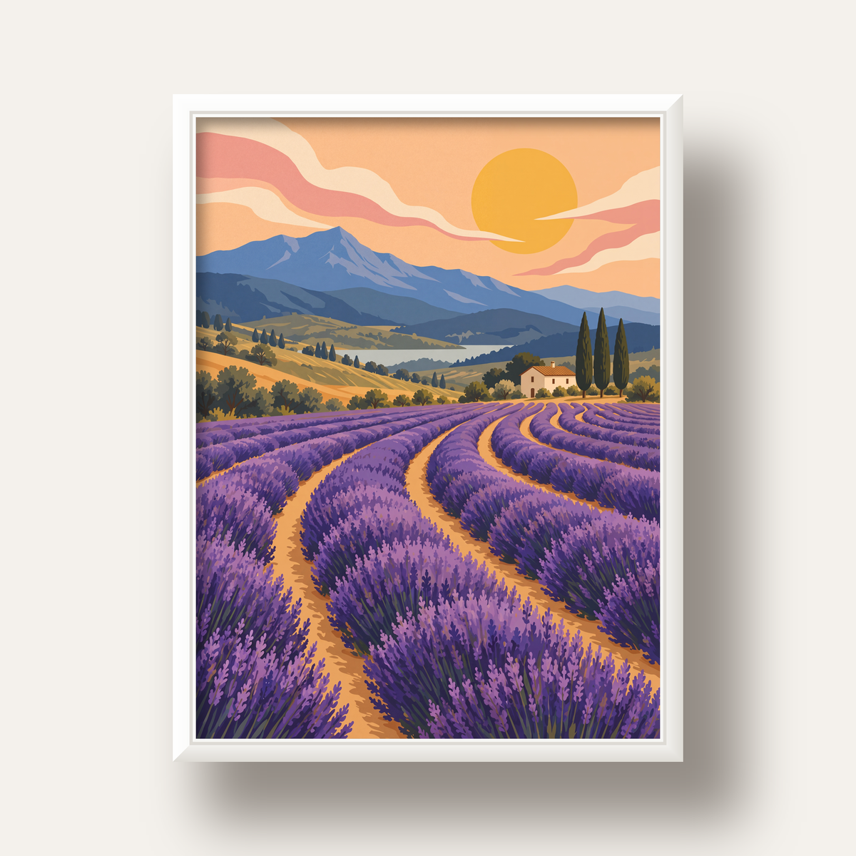 Lavanta Tarlası Manzarası Dijital Poster – Pastoral Sanat Baskısı — beyaz derin çerçeveli