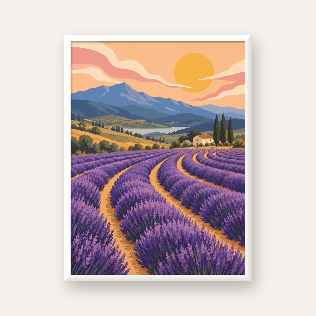 Lavanta Tarlası Manzarası Dijital Poster – Pastoral Sanat Baskısı — beyaz çerçeveli dikey poster