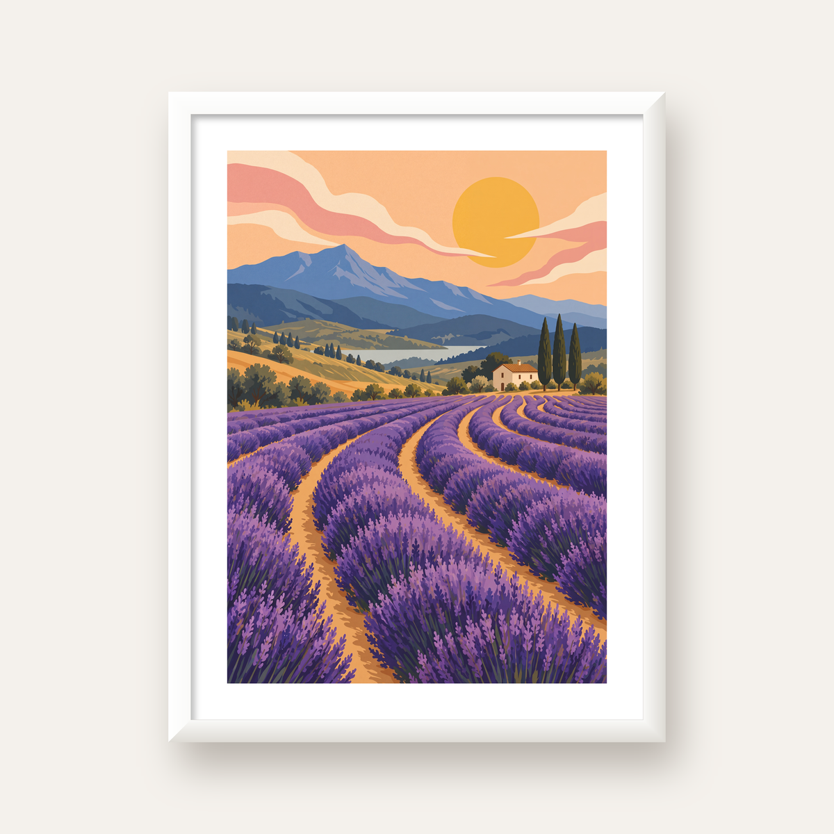 Lavanta Tarlası Manzarası Dijital Poster – Pastoral Sanat Baskısı — beyaz çerçeveli dikey poster