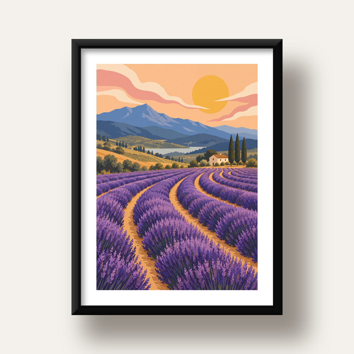 Lavanta Tarlası Manzarası Dijital Poster – Pastoral Sanat Baskısı — siyah derin çerçeveli paspartulu