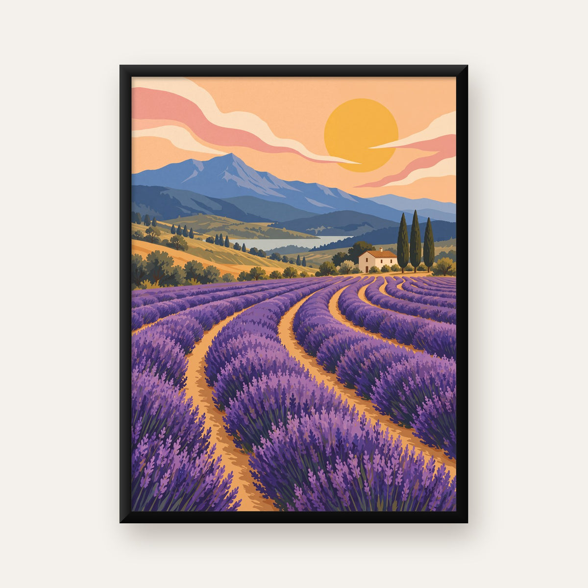Lavanta Tarlası Manzarası Dijital Poster – Pastoral Sanat Baskısı — Dikey baskı, düz siyah çerçeveli duvar posteri