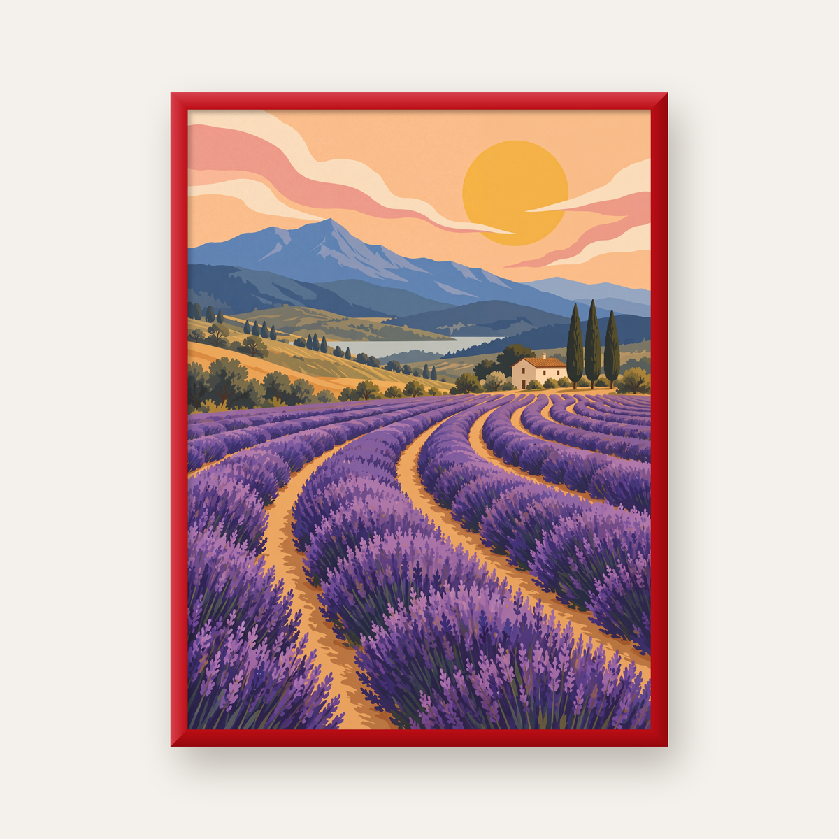 Lavanta Tarlası Manzarası Dijital Poster – Pastoral Sanat Baskısı — kırmızı çerçeveli