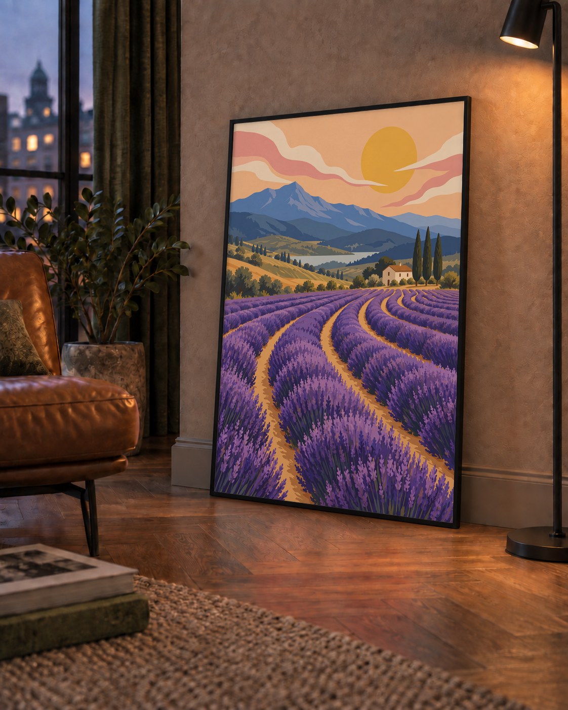 Lavanta Tarlası Manzarası Dijital Poster – Pastoral Sanat Baskısı — çerçeveli hâliyle bir ev duvarında