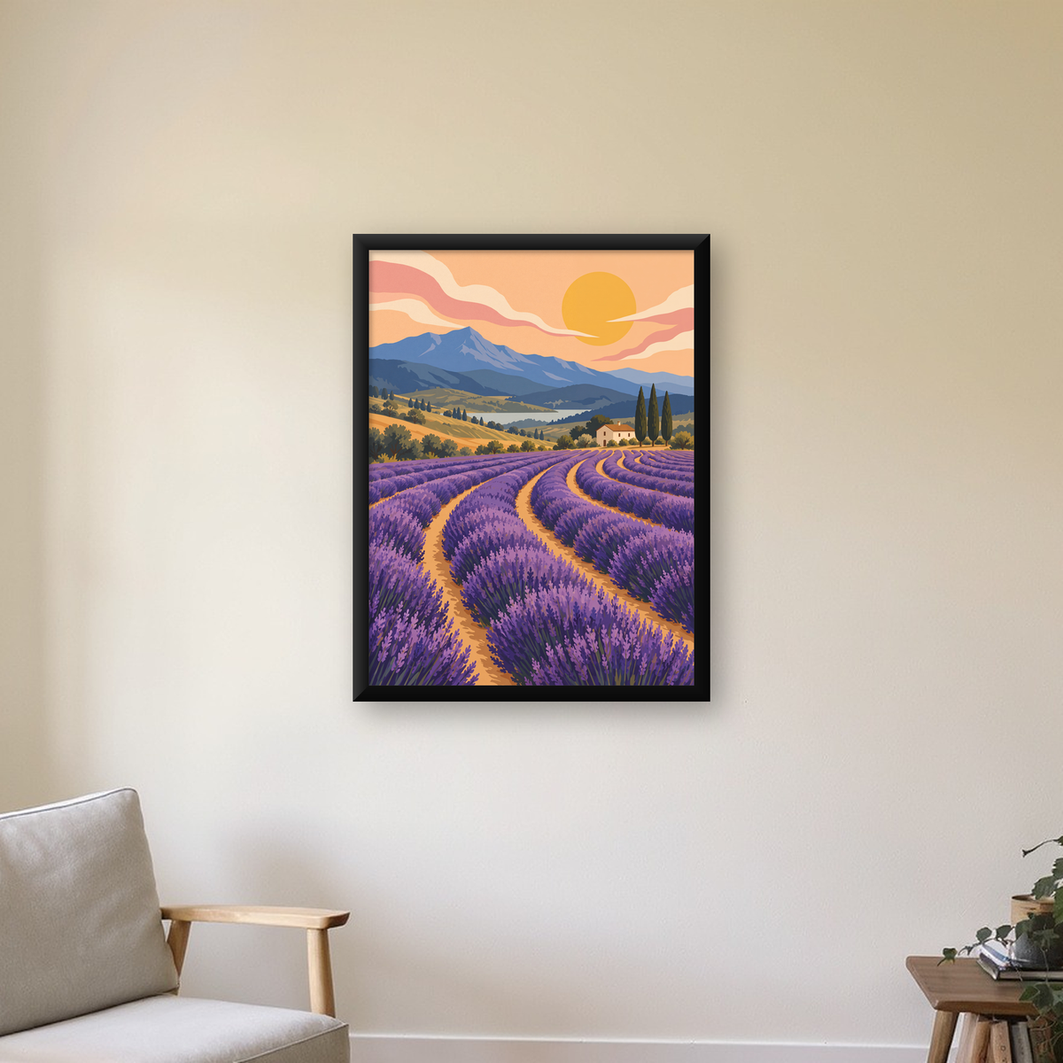 Lavanta Tarlası Manzarası Dijital Poster – Pastoral Sanat Baskısı — Dikey baskı, çerçeveli hâliyle bir ev duvarında