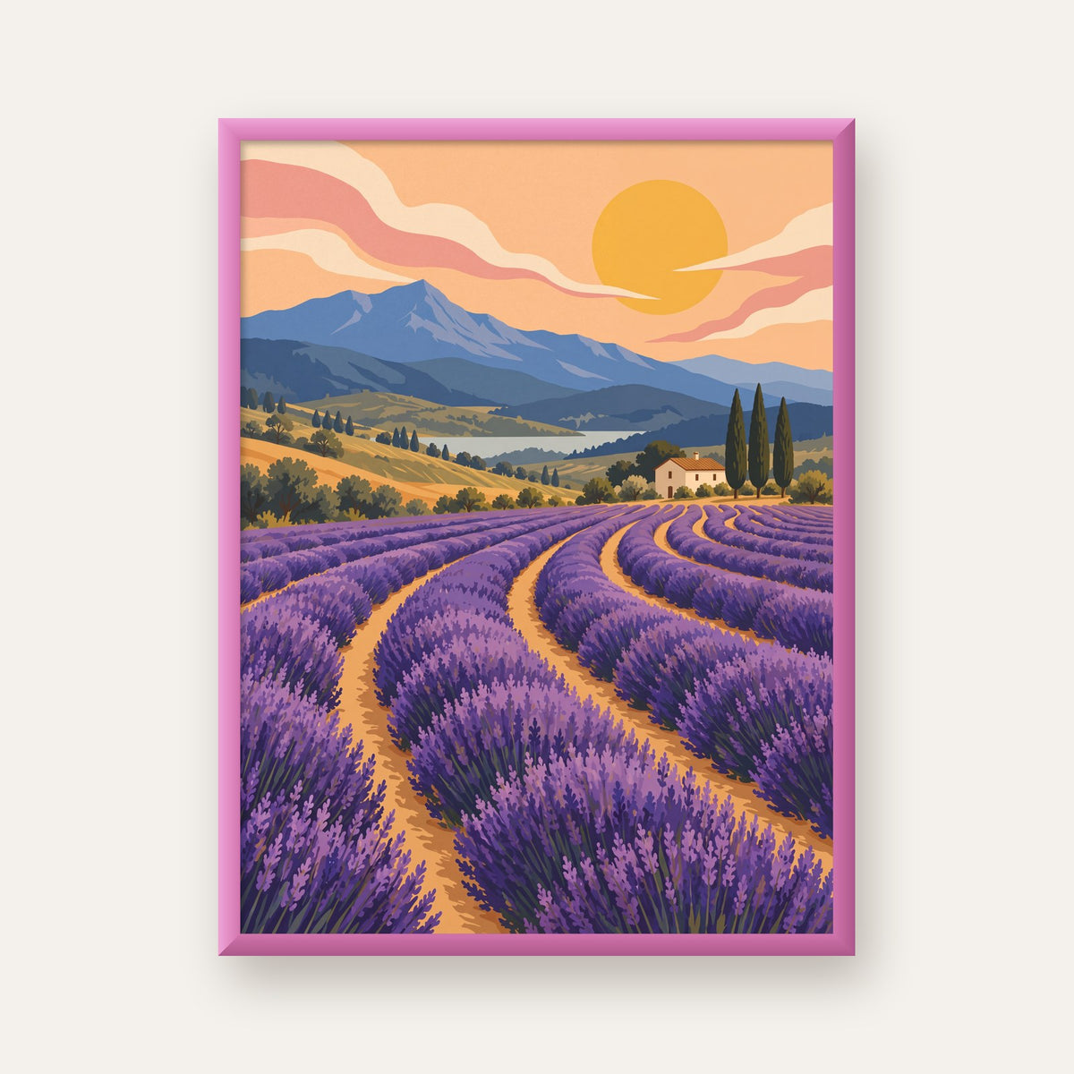 Lavanta Tarlası Manzarası Dijital Poster – Pastoral Sanat Baskısı — pembe çerçeveli