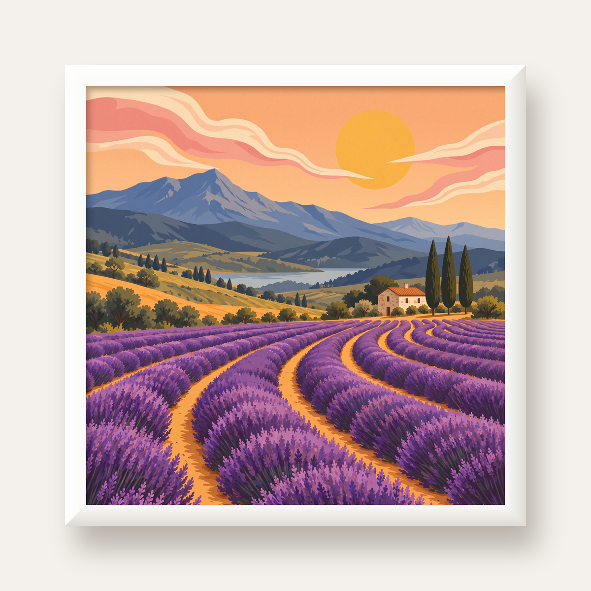 Lavanta Tarlası Manzarası Dijital Poster – Pastoral Sanat Baskısı — beyaz çerçeveli kare poster
