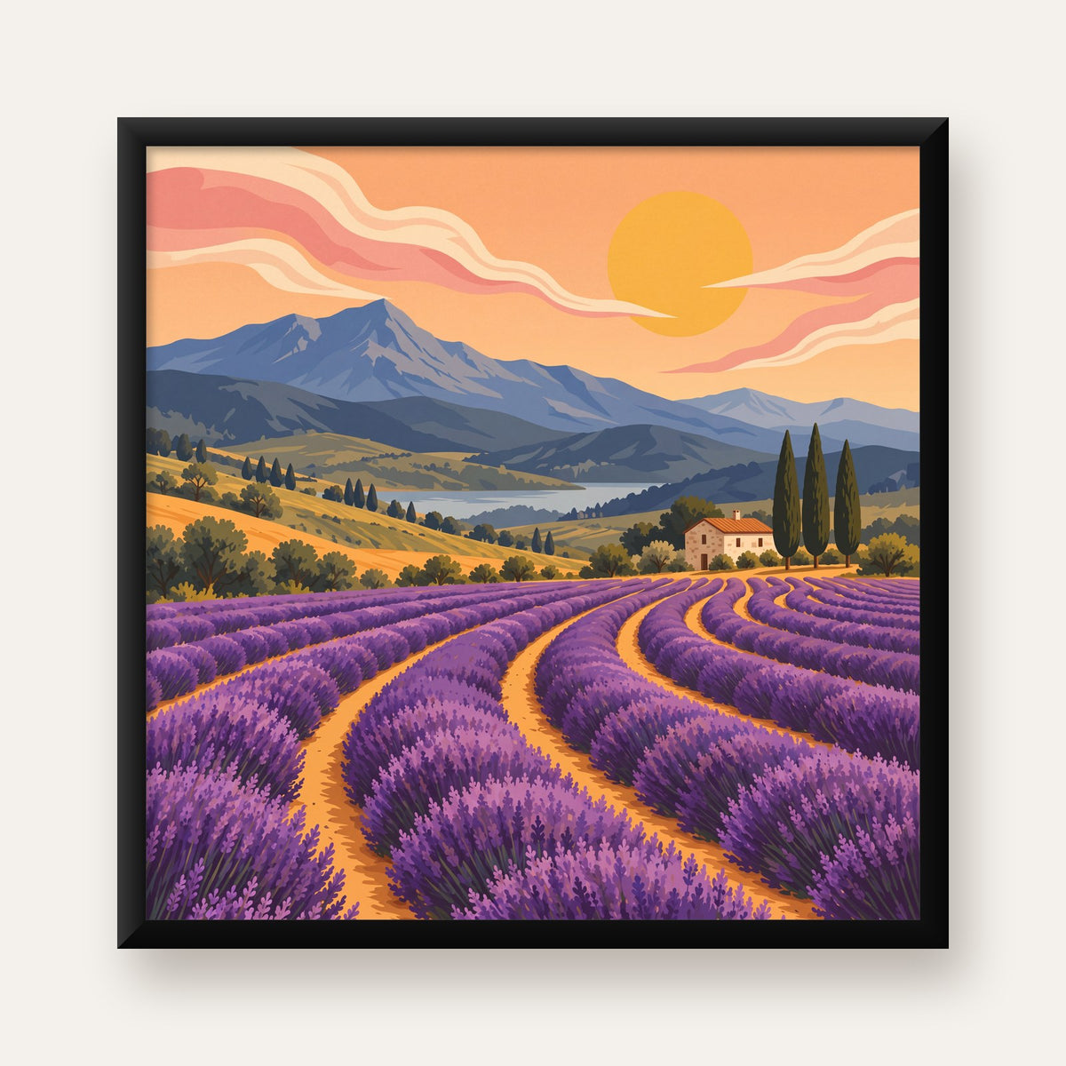 Lavanta Tarlası Manzarası Dijital Poster – Pastoral Sanat Baskısı — Kare baskı, düz siyah çerçeveli duvar posteri