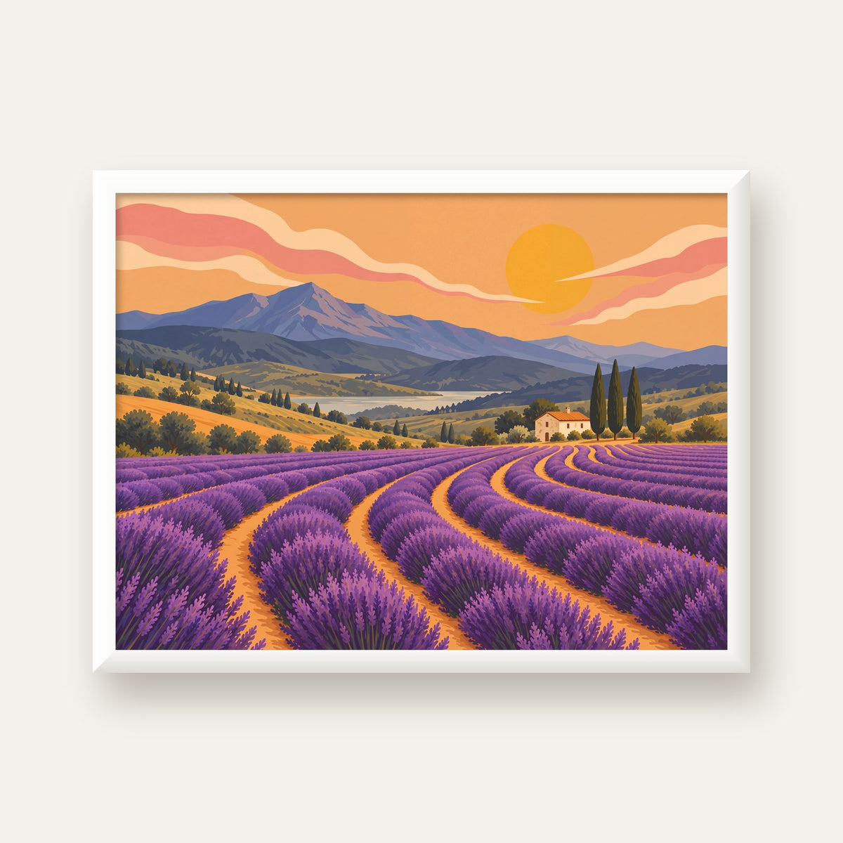 Lavanta Tarlası Manzarası Dijital Poster – Pastoral Sanat Baskısı — beyaz çerçeveli yatay poster