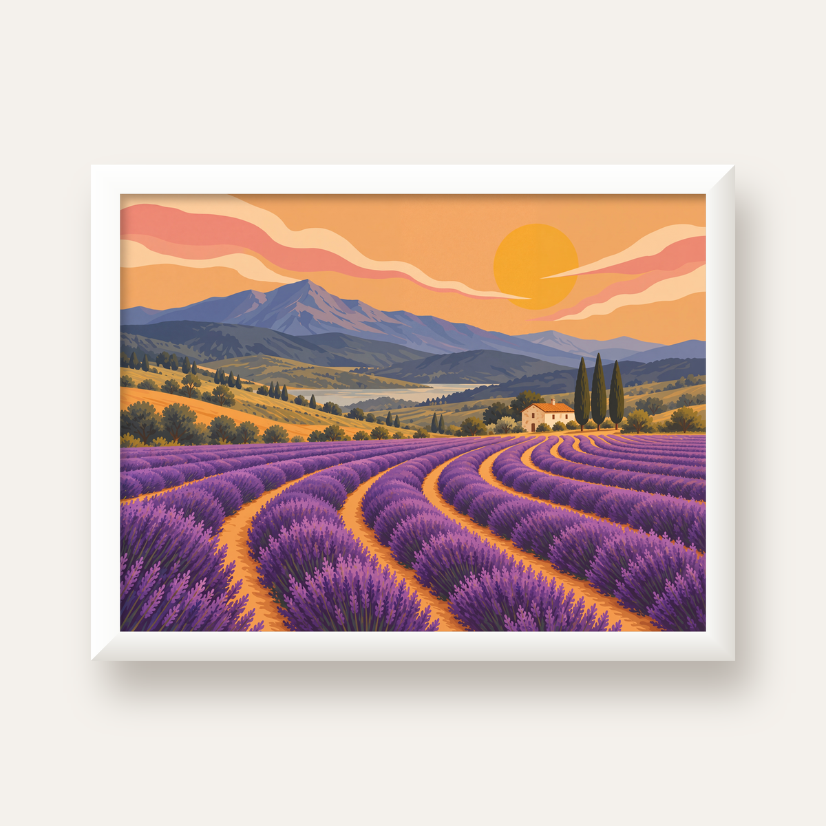 Lavanta Tarlası Manzarası Dijital Poster – Pastoral Sanat Baskısı — beyaz çerçeveli yatay poster