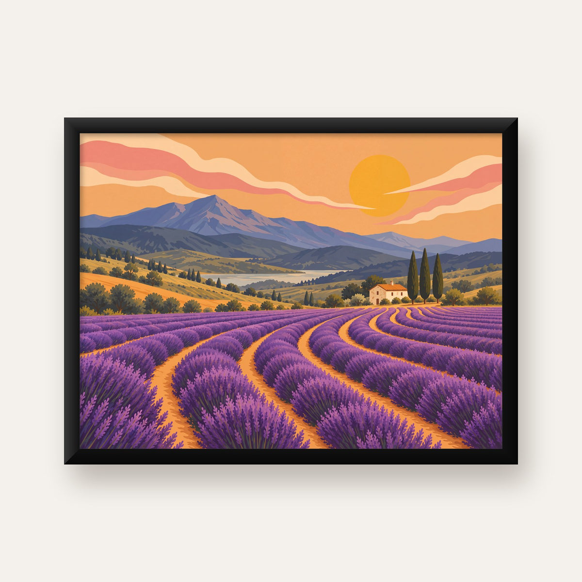 Lavanta Tarlası Manzarası Dijital Poster – Pastoral Sanat Baskısı — Yatay baskı, düz siyah çerçeveli duvar posteri
