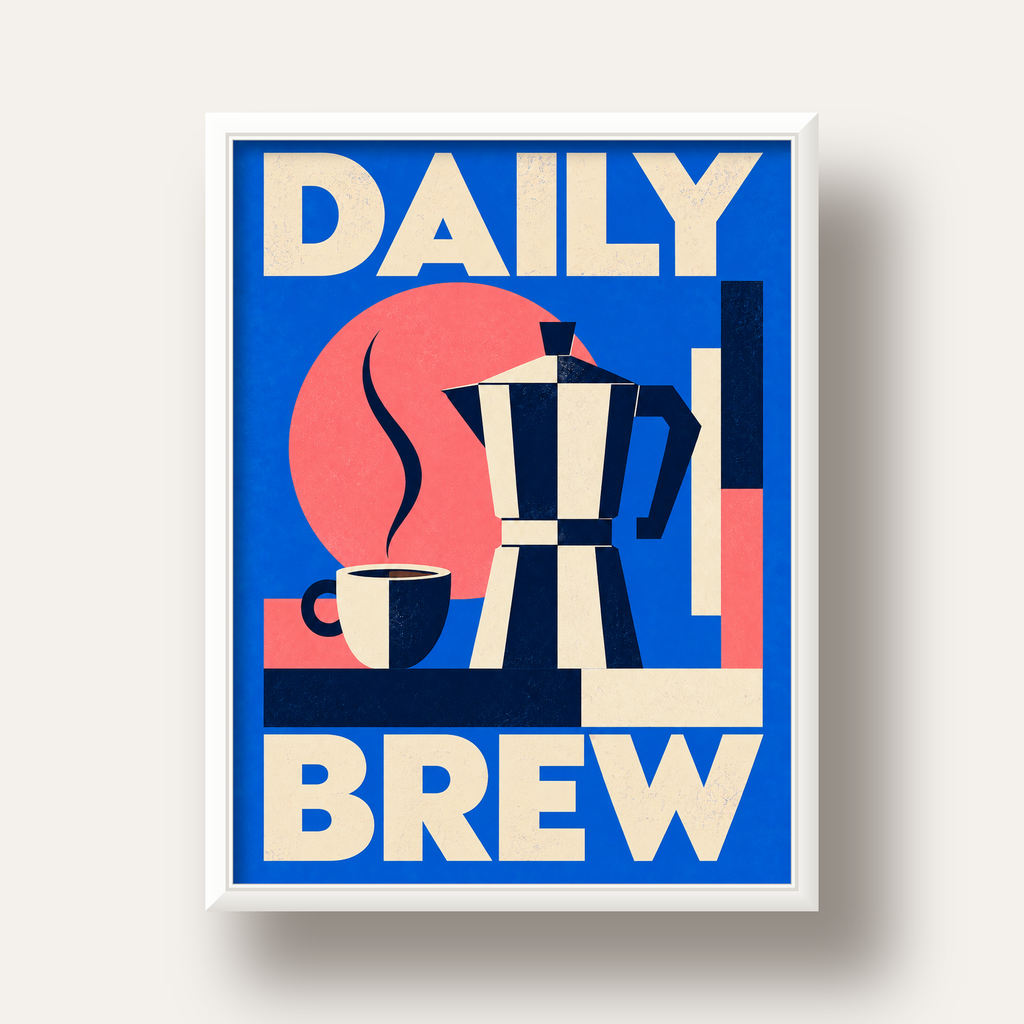 Daily Brew Poster: Retro Geometrik Kahve Makinesi İllüstrasyonu — beyaz derin çerçeveli