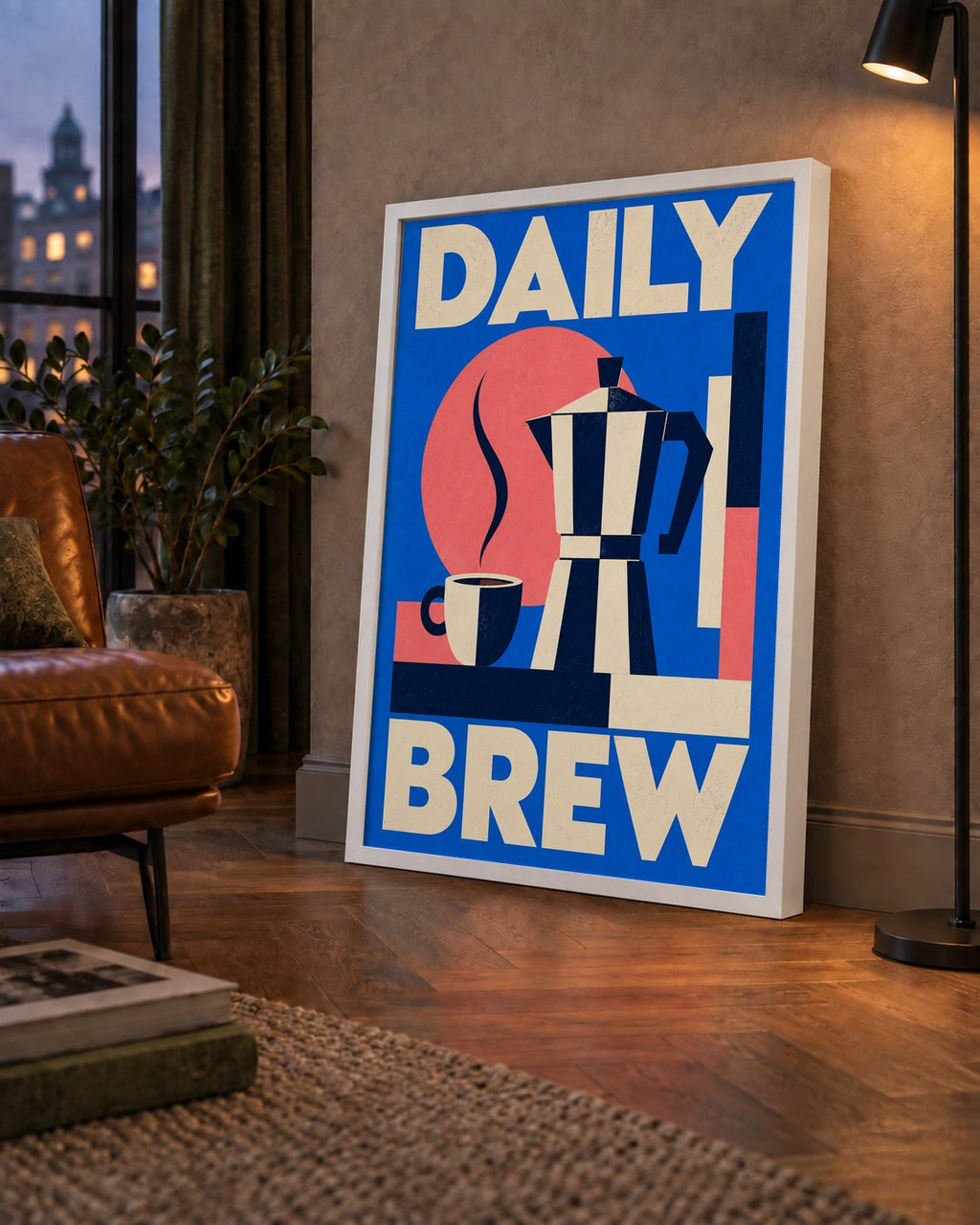 Daily Brew Poster: Retro Geometrik Kahve Makinesi İllüstrasyonu — çerçeveli hâliyle bir ev duvarında