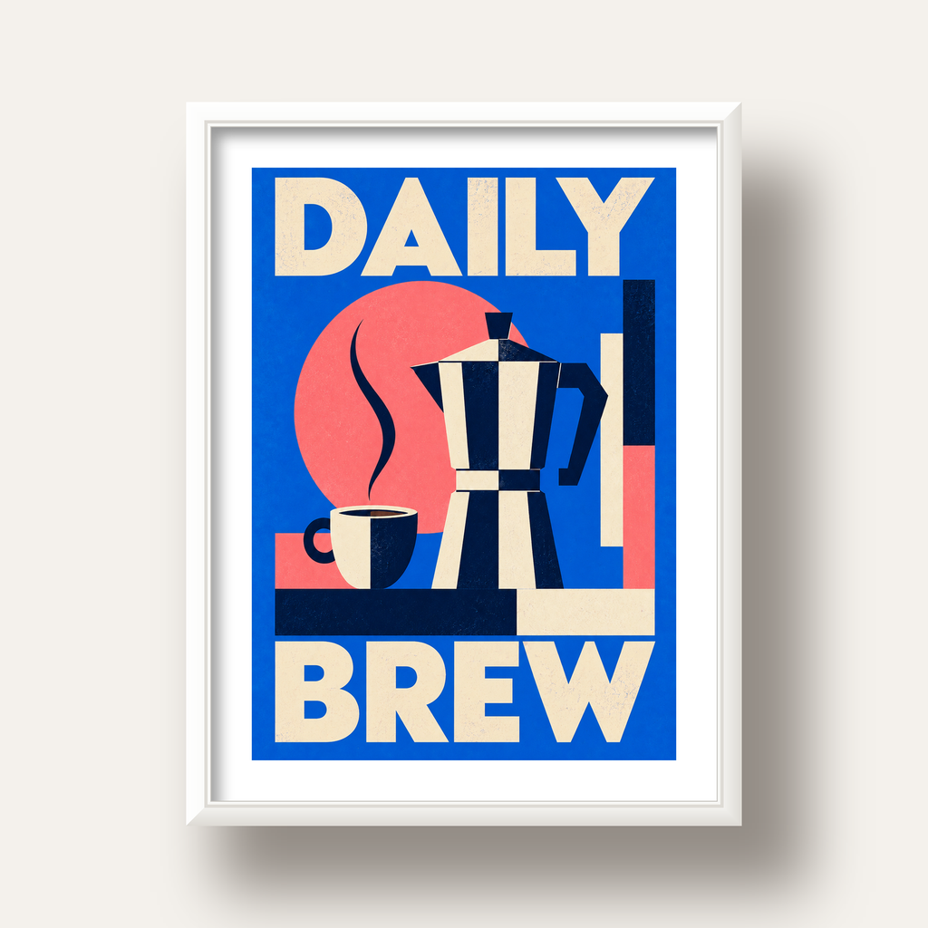 Daily Brew Poster: Retro Geometrik Kahve Makinesi İllüstrasyonu — beyaz derin çerçeveli paspartulu