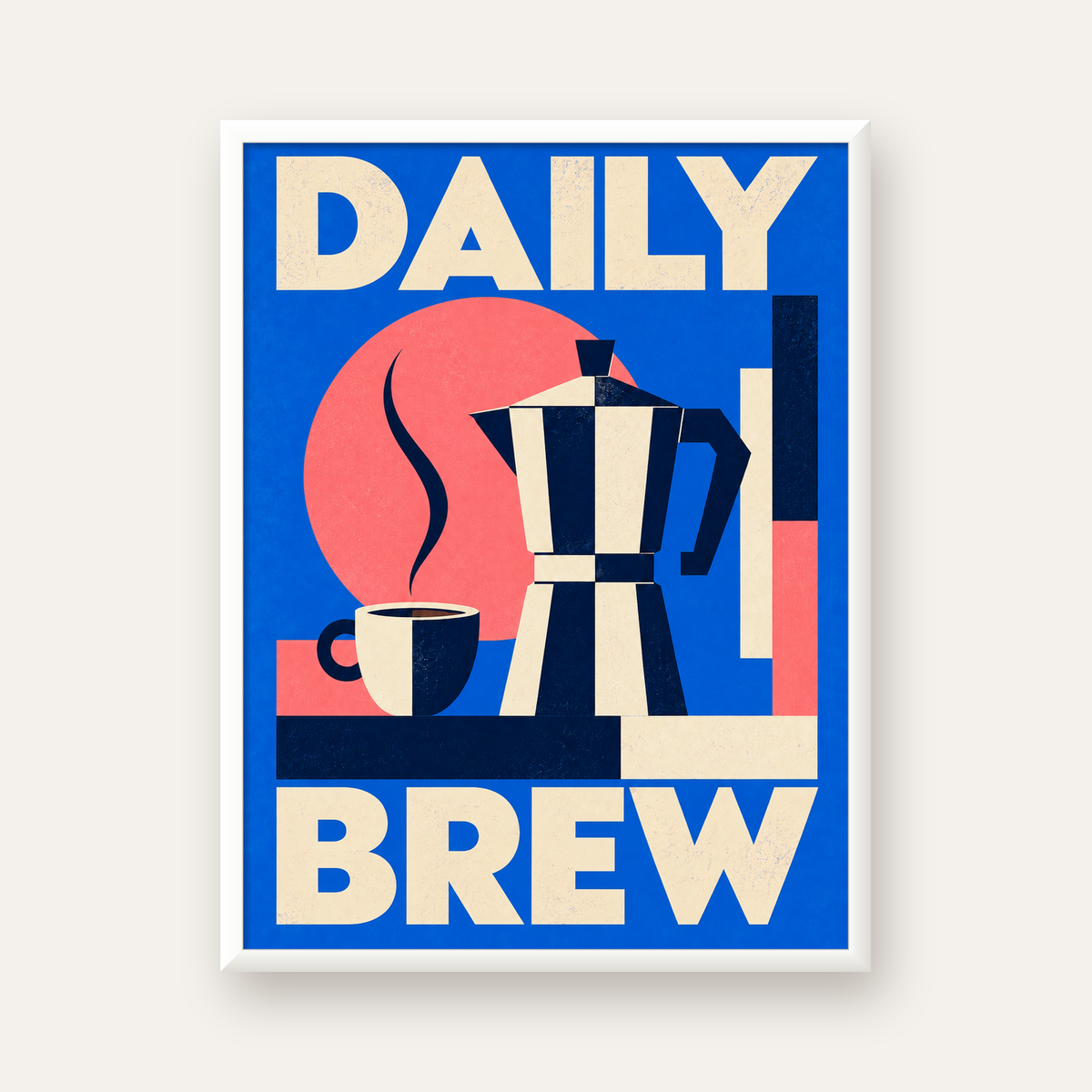 Daily Brew Poster: Retro Geometrik Kahve Makinesi İllüstrasyonu — beyaz çerçeveli dikey poster