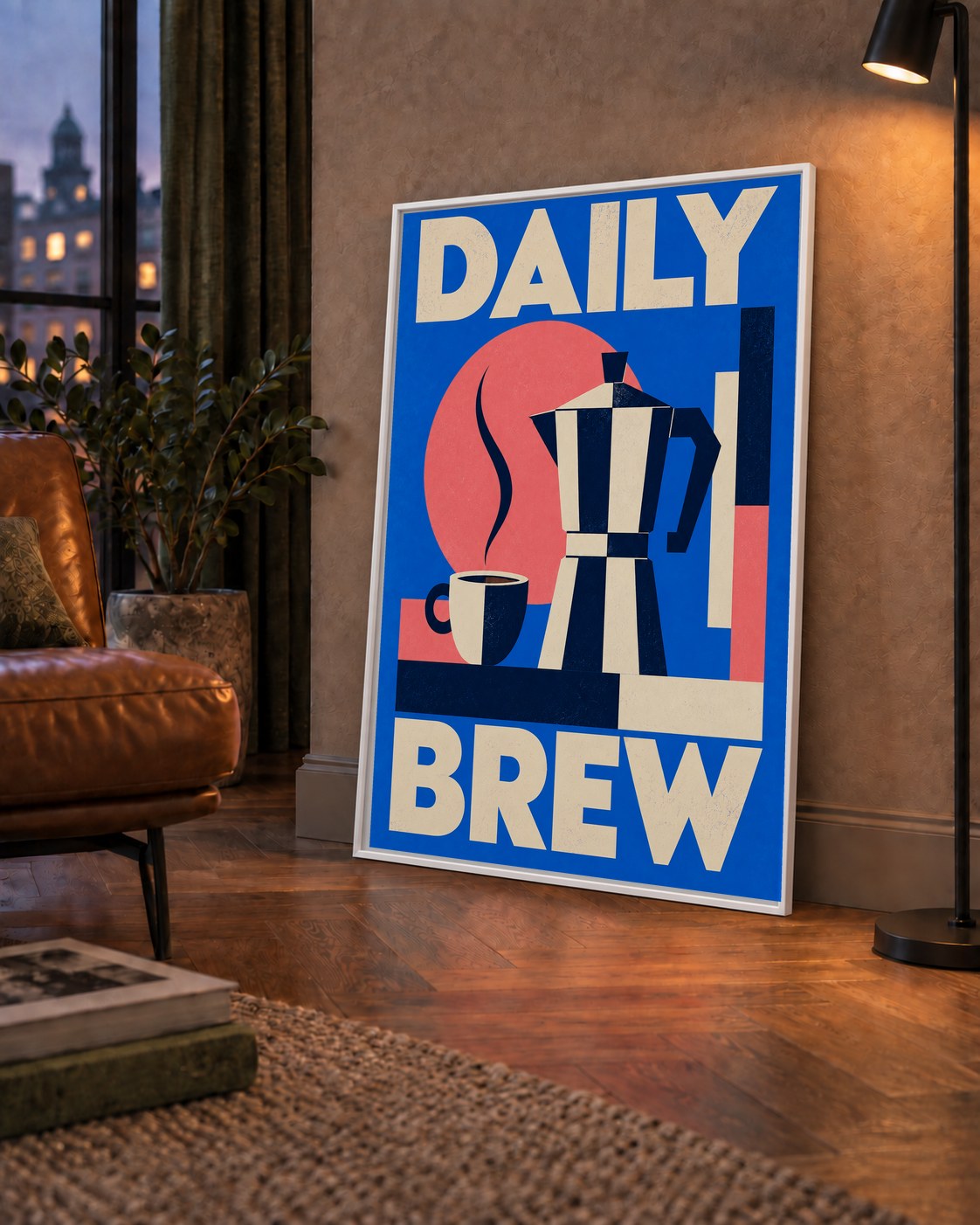 Daily Brew Poster: Retro Geometrik Kahve Makinesi İllüstrasyonu — çerçeveli hâliyle bir ev duvarında