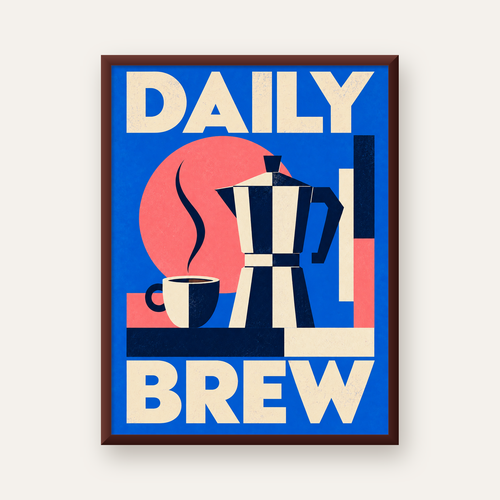 Daily Brew Poster: Retro Geometrik Kahve Makinesi İllüstrasyonu — ceviz çerçeveli