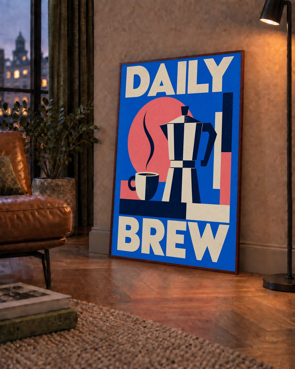 Daily Brew Poster: Retro Geometrik Kahve Makinesi İllüstrasyonu — çerçeveli hâliyle bir ev duvarında