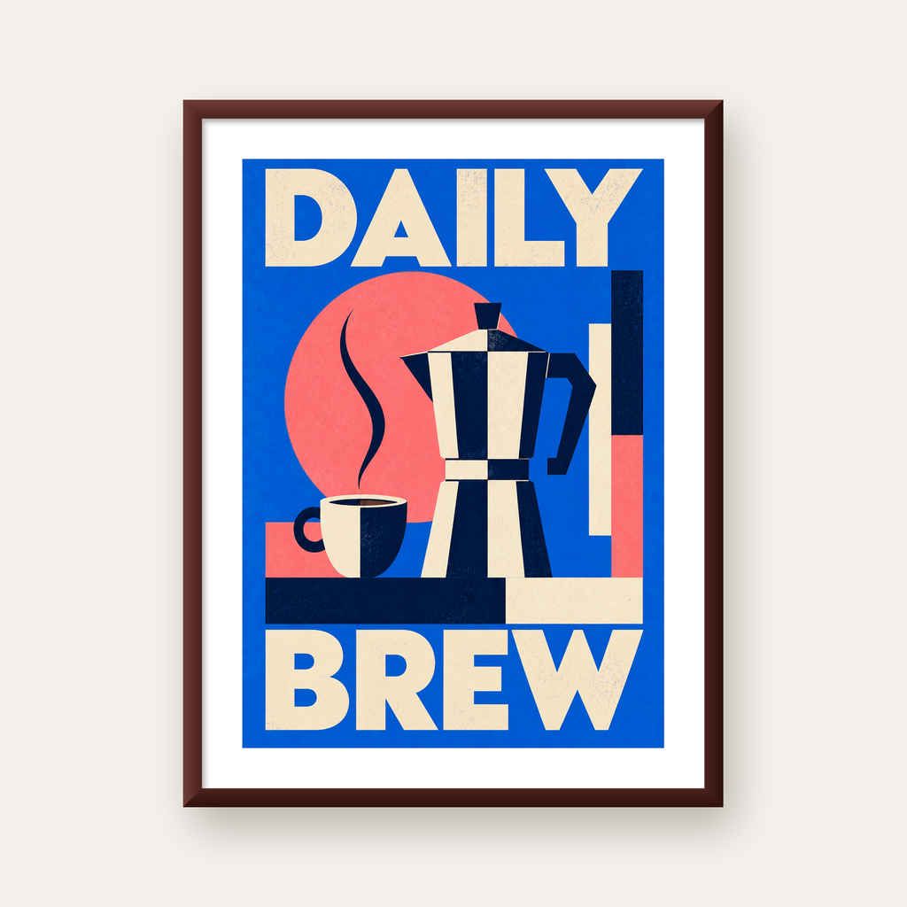 Daily Brew Poster: Retro Geometrik Kahve Makinesi İllüstrasyonu — ceviz çerçeveli paspartulu