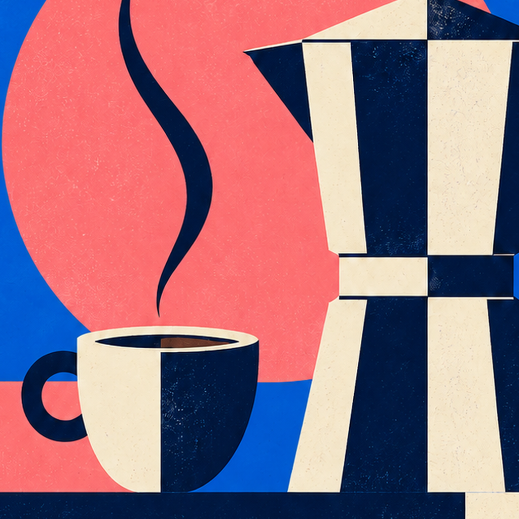 Daily Brew Poster: Retro Geometrik Kahve Makinesi İllüstrasyonu — baskının yakın çekimi, kâğıt dokusu ve renk detayı