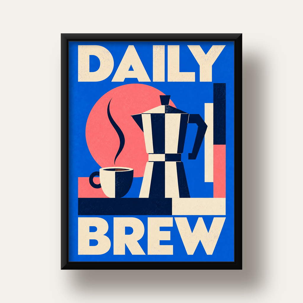 Daily Brew Poster: Retro Geometrik Kahve Makinesi İllüstrasyonu — siyah derin çerçeveli