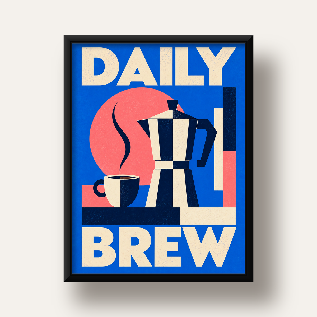 Daily Brew Poster: Retro Geometrik Kahve Makinesi İllüstrasyonu — siyah derin çerçeveli